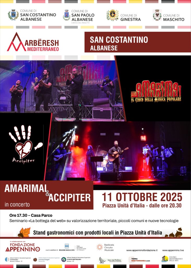 Locandina dell’evento Amarimai & Accipiter a San Costantino Albanese con il seminario “La bottega del web”.