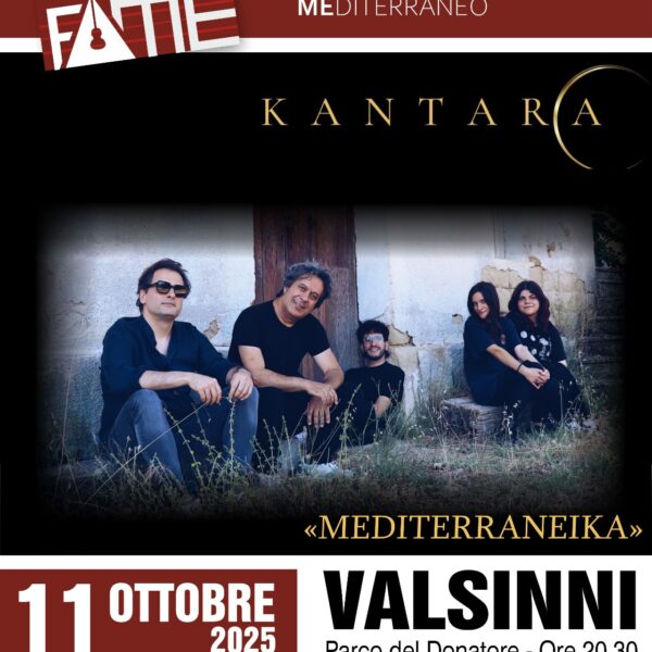 Locandina del concerto Mediterraneika dei Kantara al Parco del Donatore di Valsinni l’11 ottobre 2025.