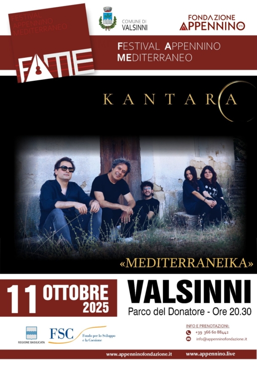 Locandina del concerto Mediterraneika dei Kantara al Parco del Donatore di Valsinni l’11 ottobre 2025.
