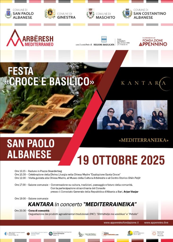 Locandina della Festa “Croce e Basilico” a San Paolo Albanese con programma e concerto dei Kantara.