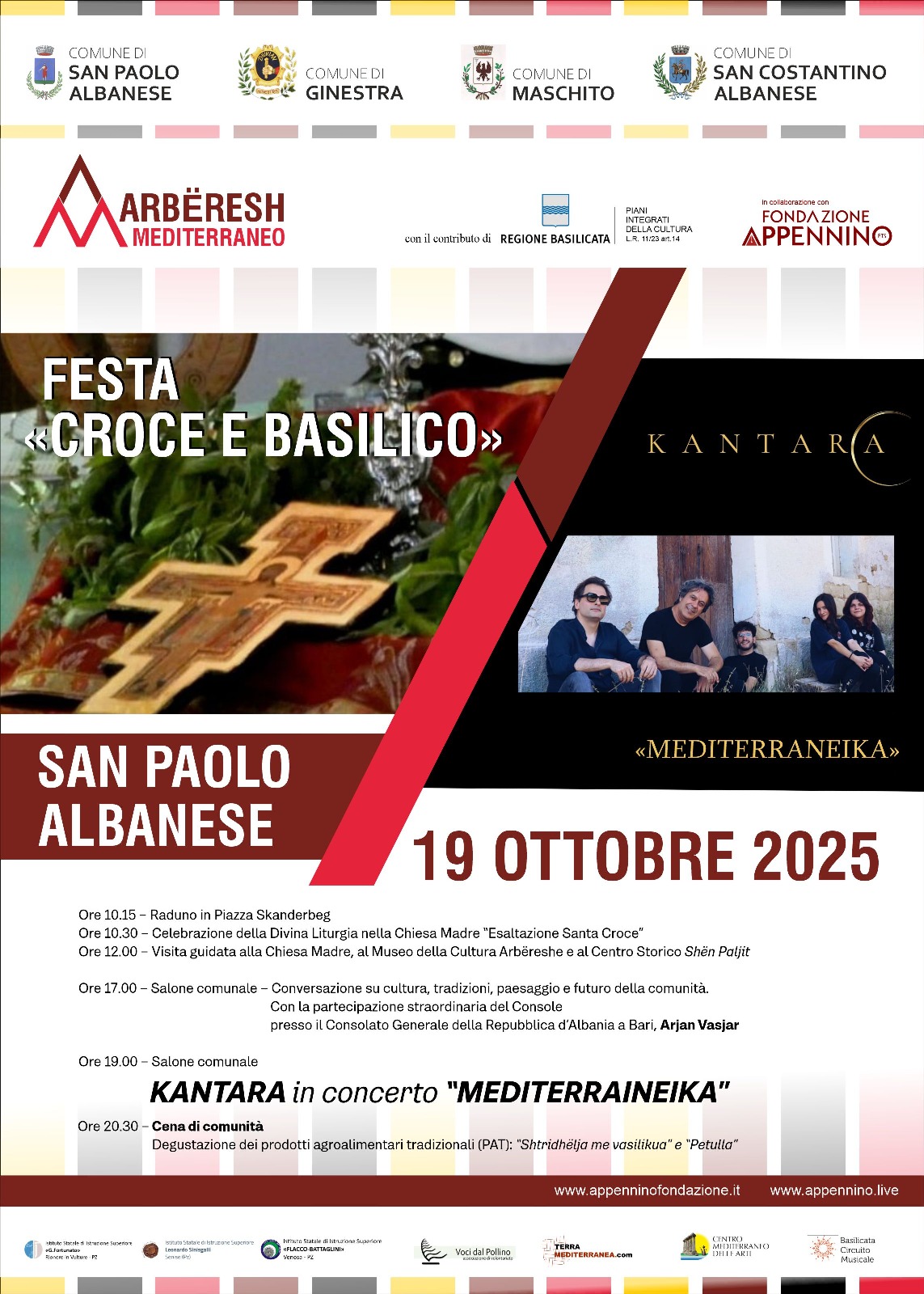Locandina della Festa “Croce e Basilico” a San Paolo Albanese con programma e concerto dei Kantara.