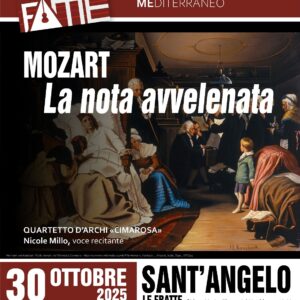 Locandina evento “Mozart. La nota avvelenata” con Nicole Millo e il Quartetto d’Archi Cimarosa, a Sant’Angelo le Fratte – Festival Appennino Mediterraneo