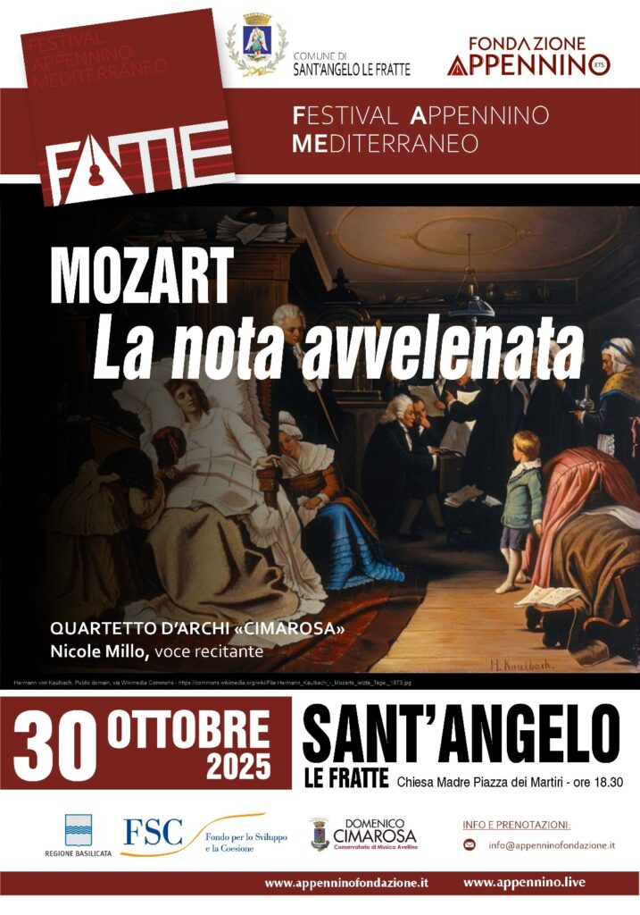 Locandina evento “Mozart. La nota avvelenata” con Nicole Millo e il Quartetto d’Archi Cimarosa, a Sant’Angelo le Fratte – Festival Appennino Mediterraneo