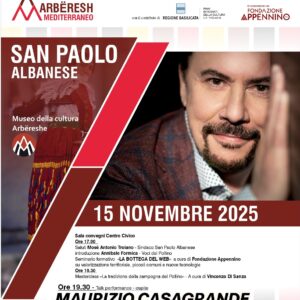 Locandina ufficiale di Maurizio Casagrande in Culture Mediterranee a San Paolo Albanese il 15 novembre alle ore 17.00