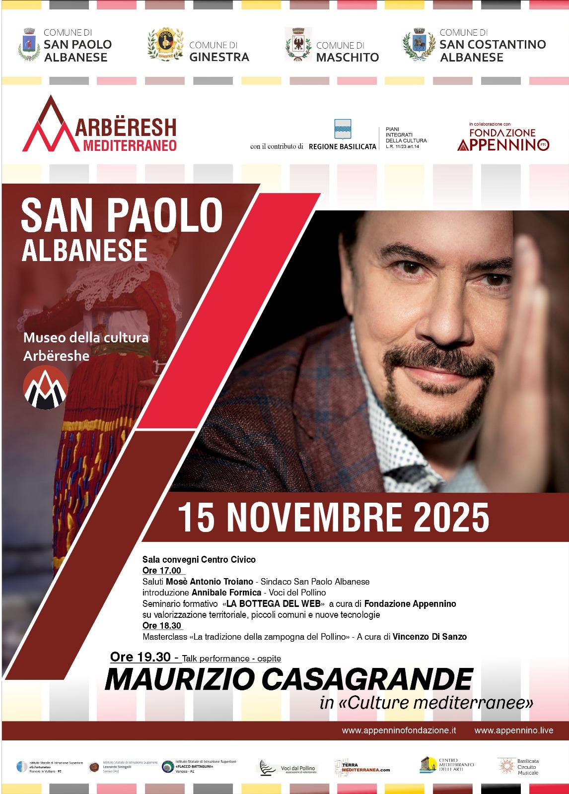 Locandina ufficiale di Maurizio Casagrande in Culture Mediterranee a San Paolo Albanese il 15 novembre alle ore 17.00