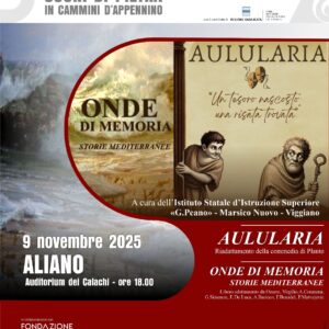 Locandina “Onde di Memoria” e “Aulularia” ad Aliano, doppio spettacolo teatrale del progetto SPICA – Suoni di Pietra in Cammini d’Appennino.