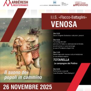 Locandina ufficiale di Arbëresh Mediterraneo a Venosa il 26 novembre alle ore 10.00 presso l' lI.I.S: Flacco Battaglini