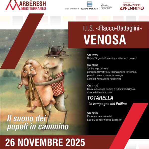 Locandina ufficiale di Arbëresh Mediterraneo a Venosa il 26 novembre alle ore 10.00 presso l' lI.I.S: Flacco Battaglini