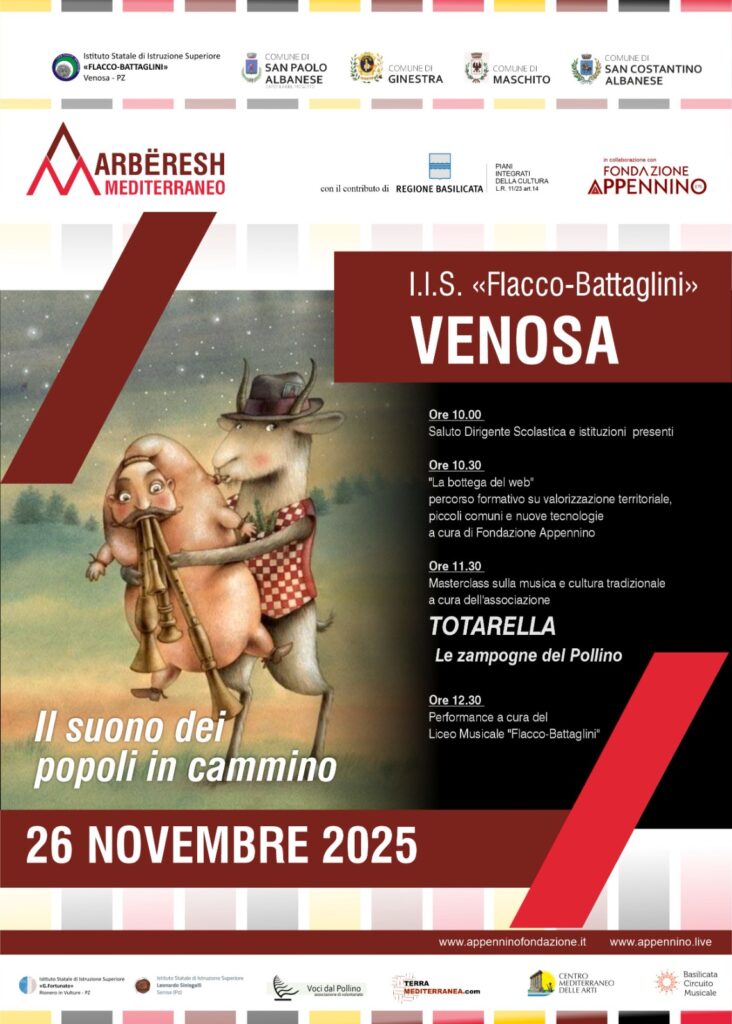 Locandina ufficiale di Arbëresh Mediterraneo a Venosa il 26 novembre alle ore 10.00 presso l' lI.I.S: Flacco Battaglini