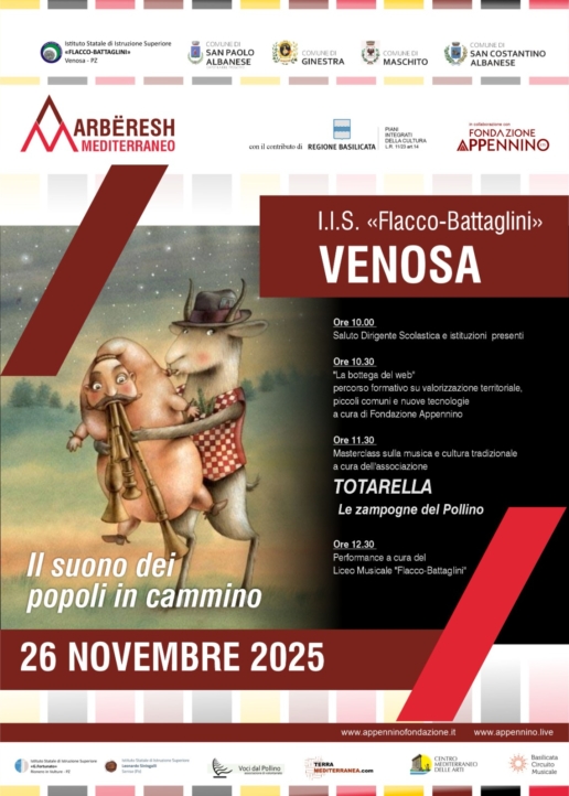 Locandina ufficiale di Arbëresh Mediterraneo a Venosa il 26 novembre alle ore 10.00 presso l' lI.I.S: Flacco Battaglini