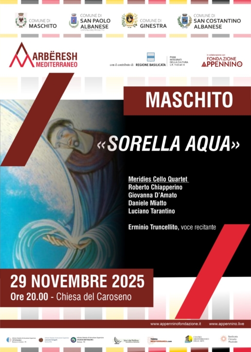 Locandina ufficiale di Arbëresh Mediterraneo è a Maschito con Sorella Aqua, il 29 novembre 2025 alle opre 20.00 presso la Chiesa del Caroseno.