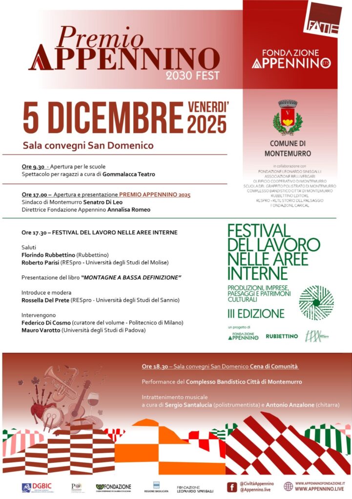 Locandina ufficiale del "Festival del lavoro nelle aree interne" al Premio Appennino 2025 che si terrà a Montemurro il 5 dicembre 
