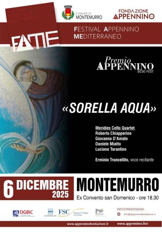 Locandina ufficiale di Sorella Aqua spettacolo inserito nel cartellone del FAME, Montemurro 6 dicembre ore 18.30