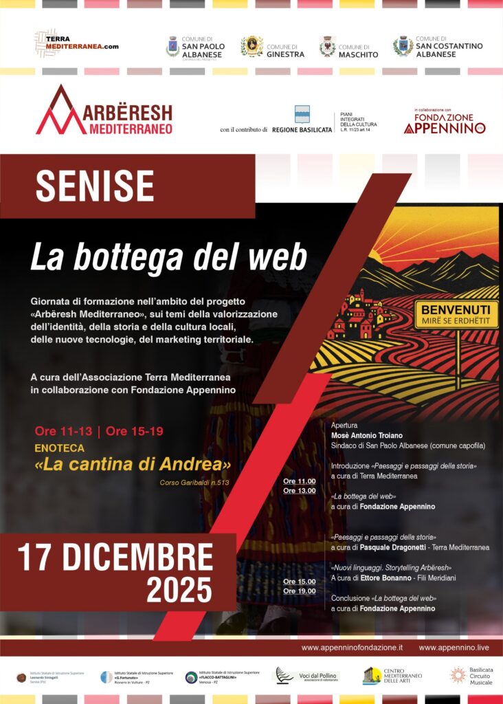 Locandina ufficiale di Mediterraneo Arbëresh che si terrà a Senise il 17 dicembre a partire dalle 11.00 e fino alle 19.00