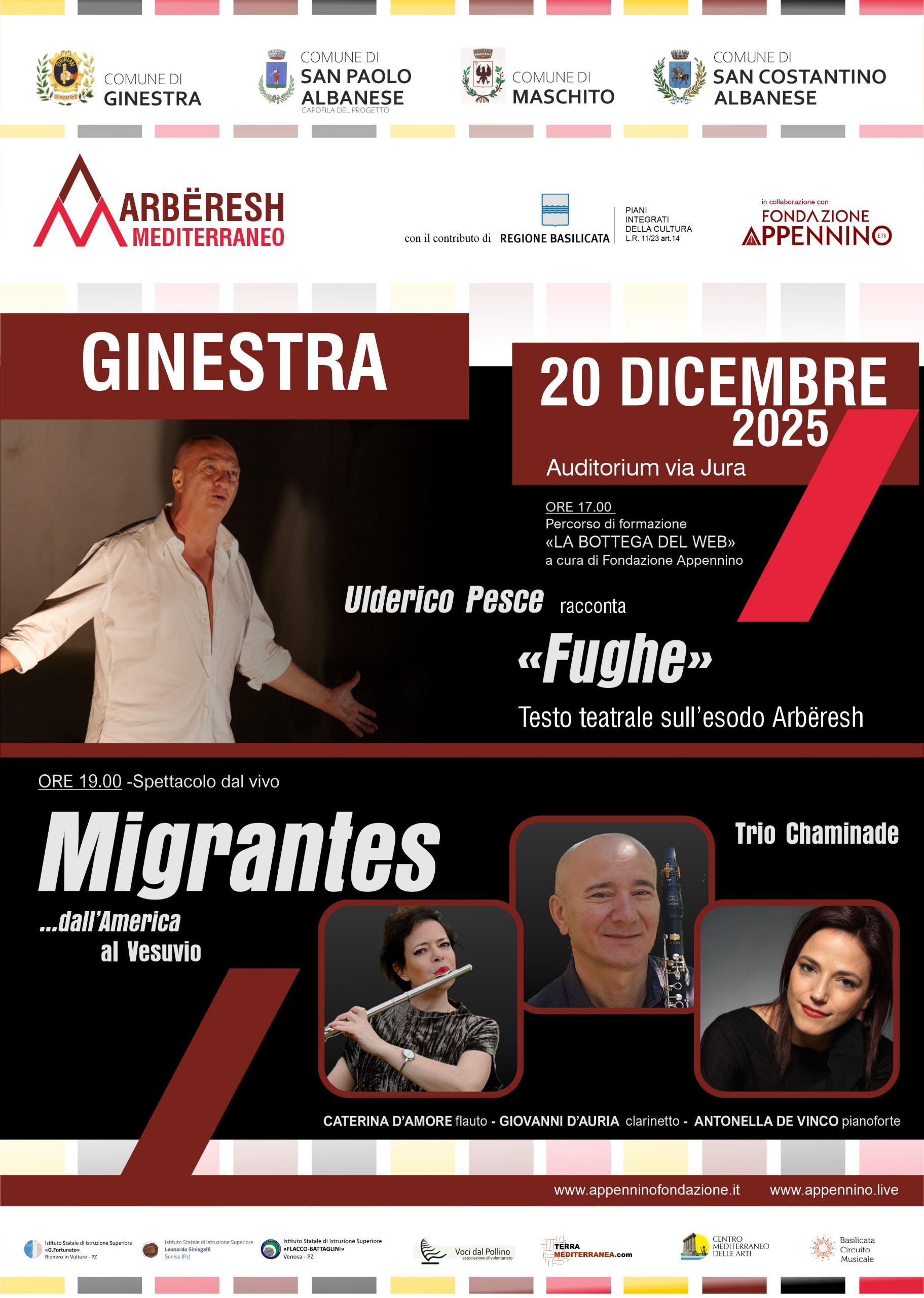 Locandina ufficiale di "Fughe" e "Migrantes" con Ulderico Pesce e il Trio Chaminade, il 20 dicembre a partire dalle ore 17.00 a Ginestra