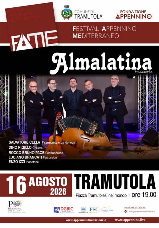 Locandina ufficiale del concerto degli Almalatina che si esibiranno a Tramutola il 16 agosto alle ore 19.00 in Piazza Tramutolesi nel mondo.