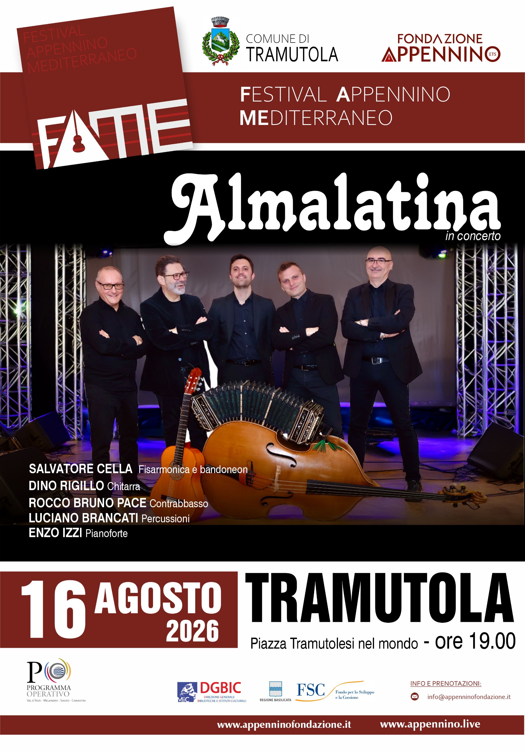 Locandina ufficiale del concerto degli Almalatina che si esibiranno a Tramutola il 16 agosto alle ore 19.00 in Piazza Tramutolesi nel mondo.